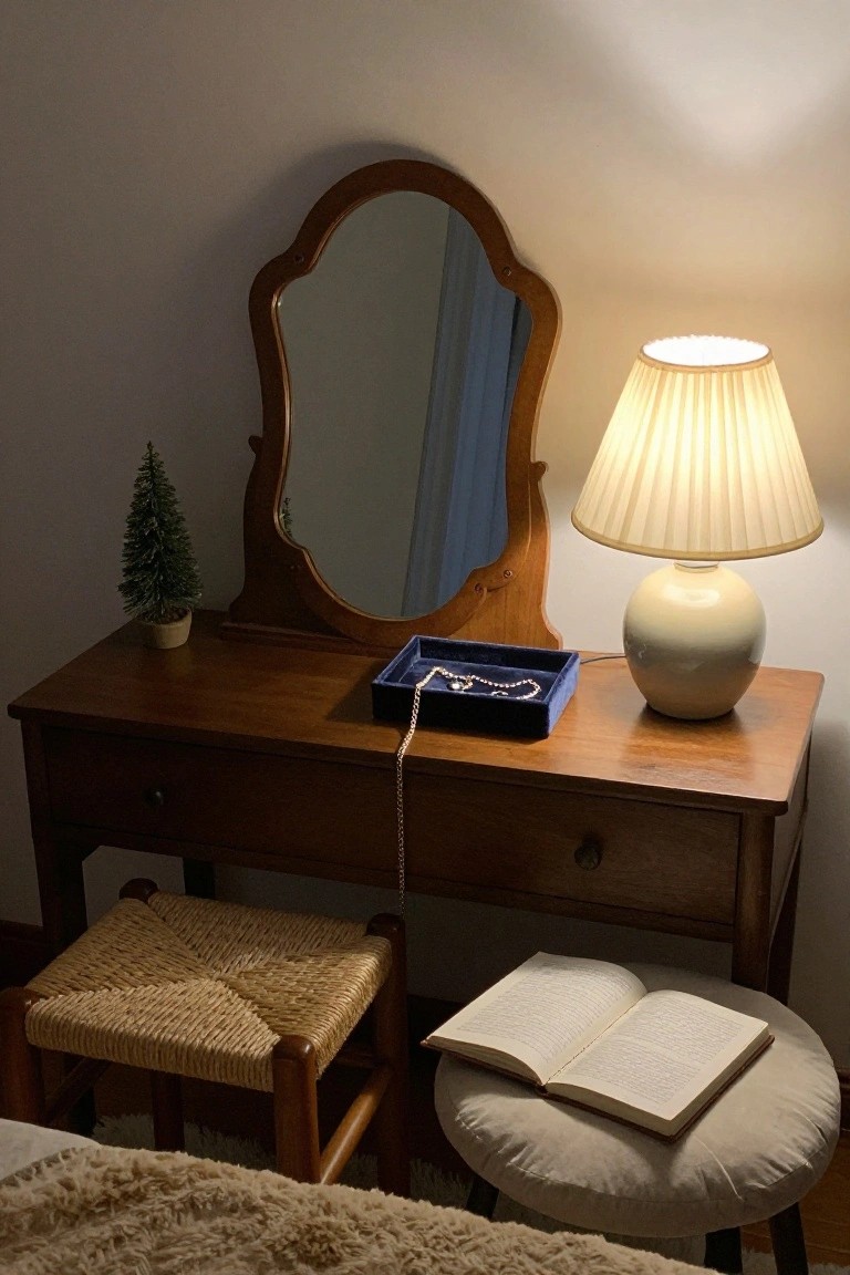 A small potted artificial Christmas tree on a wooden vanity dresser with an oval mirror, blue velvet jewelry tray holding a pearl necklace, cream ceramic lamp with pleated shade, rush seat stool, round pouf, and bed corner visible in a softly lit bedroom.