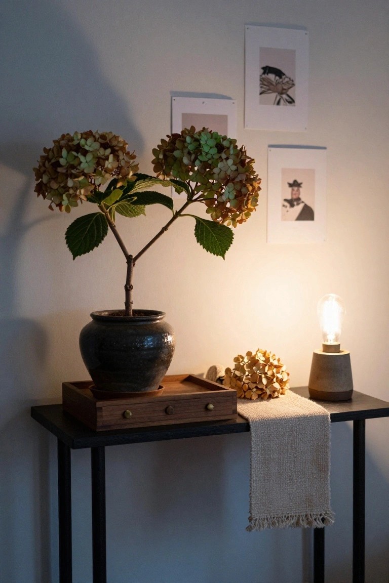 Black metal console table with wooden tray holding dark ceramic vase of branching hydrangea plant, dried flower clusters, concrete lamp, and linen runner, art prints on beige wall.