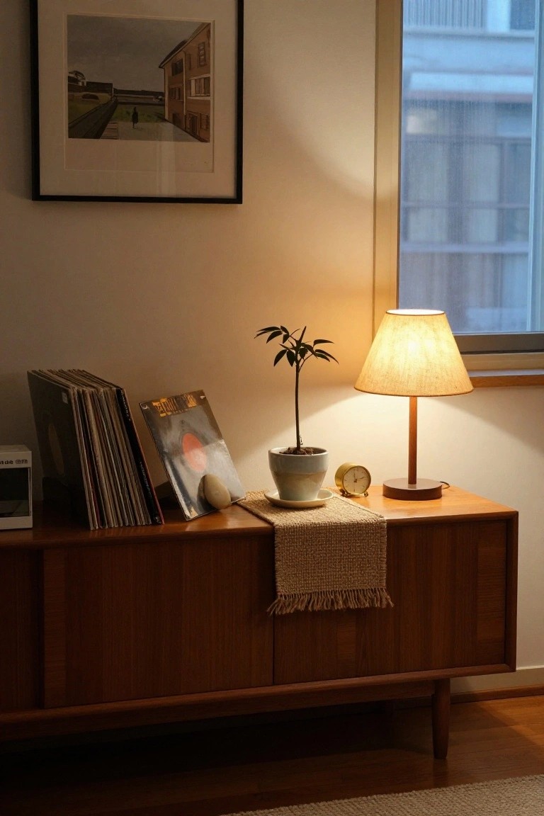Wooden credenza topped with stacked vinyl records, a small potted tree in a white ceramic pot, a lit fabric lampshade on a wooden base, a gold clock, and a saucer, next to a wall with a framed painting and a large window.