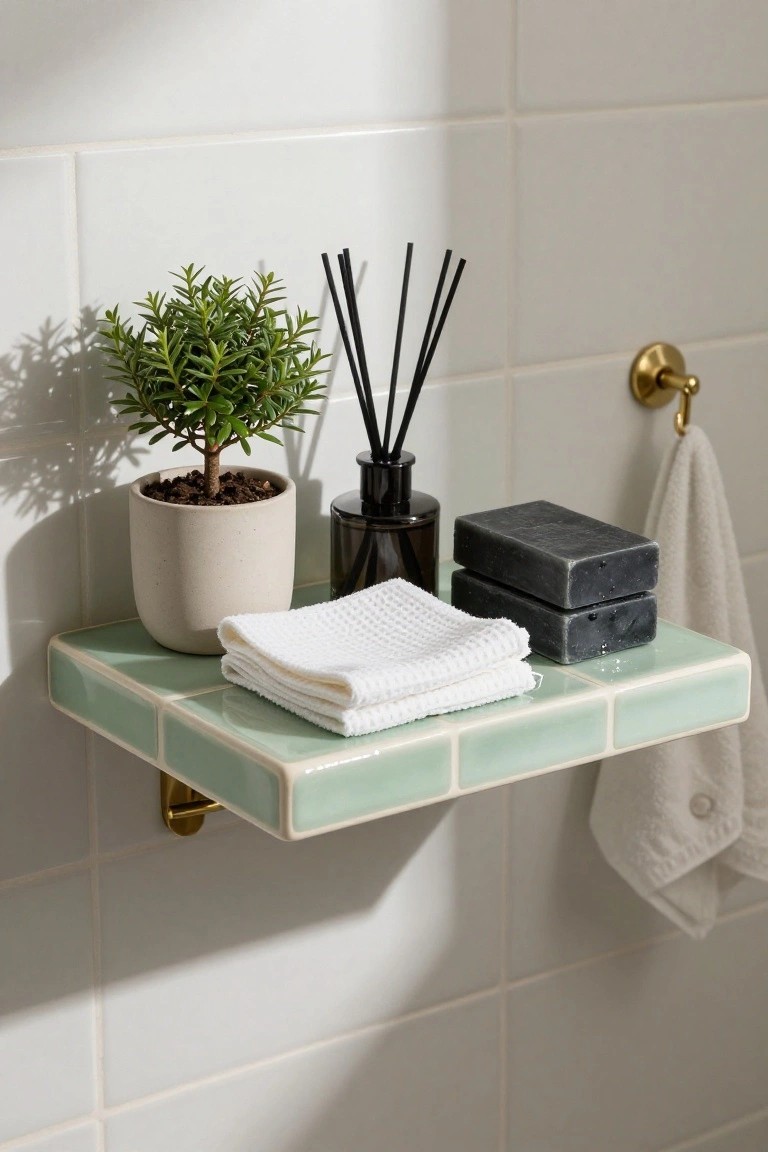 Closeup of a mint green tiled bathroom shelf holding a small potted green shrub, black reed diffuser, black soap bars, and stacked white dishcloths next to a gold towel hook with a white towel hanging against white tiled walls.
