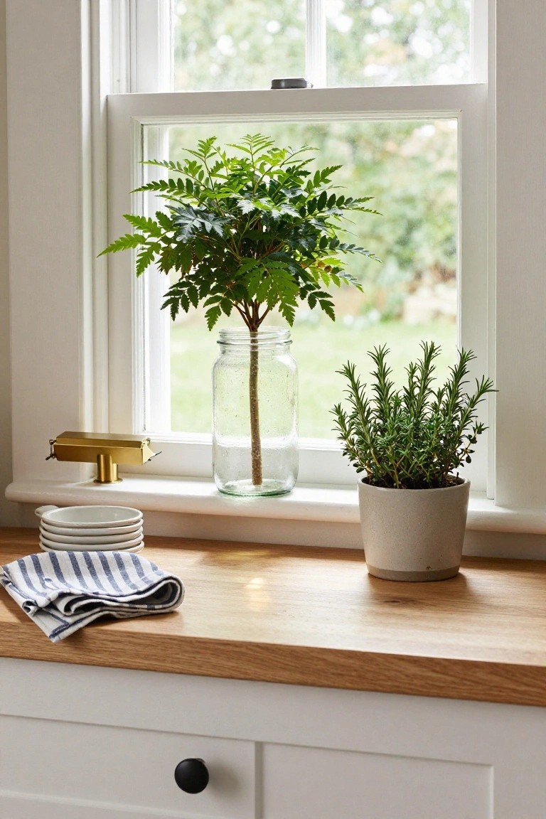 Kitchen windowsill with a leafy plant in a glass jar and rosemary in a pot.