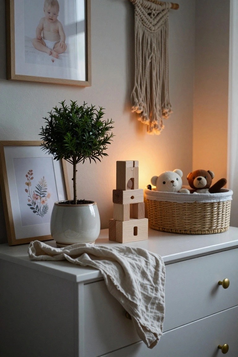 White dresser in a nursery corner topped with stacked light wooden blocks forming a tower, basket of white and brown teddy bears, potted green topiary plant in white ceramic pot, framed baby photo and botanical art, linen cloth draped over edge, macrame wall hanging, warm lamp glow.