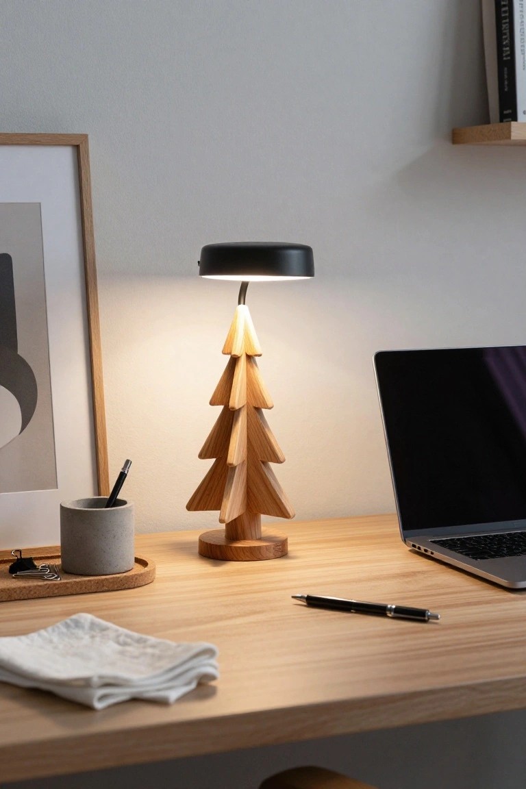Wooden Christmas tree-shaped desk lamp with black shade lit up on a light wood desk next to a closed MacBook laptop, concrete pen holder, and frame in a minimalist room.