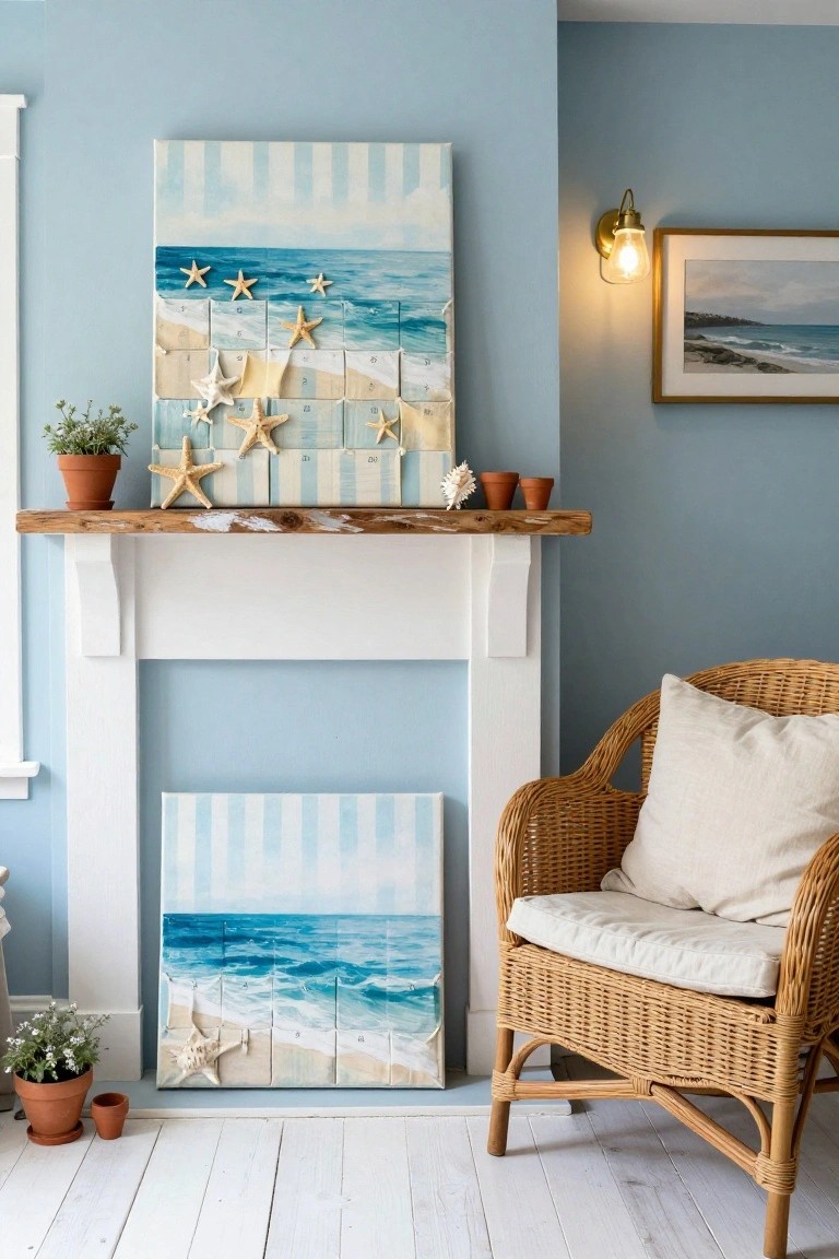Blue room interior with white fireplace mantel holding a large striped beach scene Advent calendar with starfish, shells, plants in pots, and a wicker armchair nearby.
