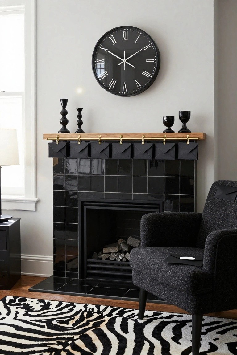 A fireplace mantel shelf with black paper envelopes clipped along the front using gold brackets, black candlesticks and glasses on the shelf, black tiled fireplace below, wall clock above, gray armchair nearby, and zebra-pattern rug on the floor.