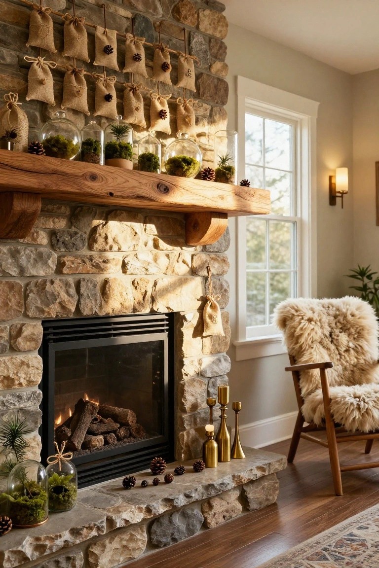 Stone fireplace with wooden mantel displaying moss-filled glass terrariums, pinecones, and gold candles, burlap sacks hanging in a row above on the wall as an Advent calendar, fluffy sheepskin chair nearby.