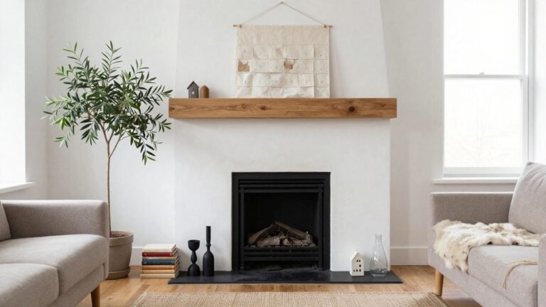 Beige fabric advent calendar with pockets hangs above a white fireplace mantel with oak trim in a light living room, near an olive plant, small wood house, candles, books, gray sofa, and cream ottoman on wood floor with seagrass rug.