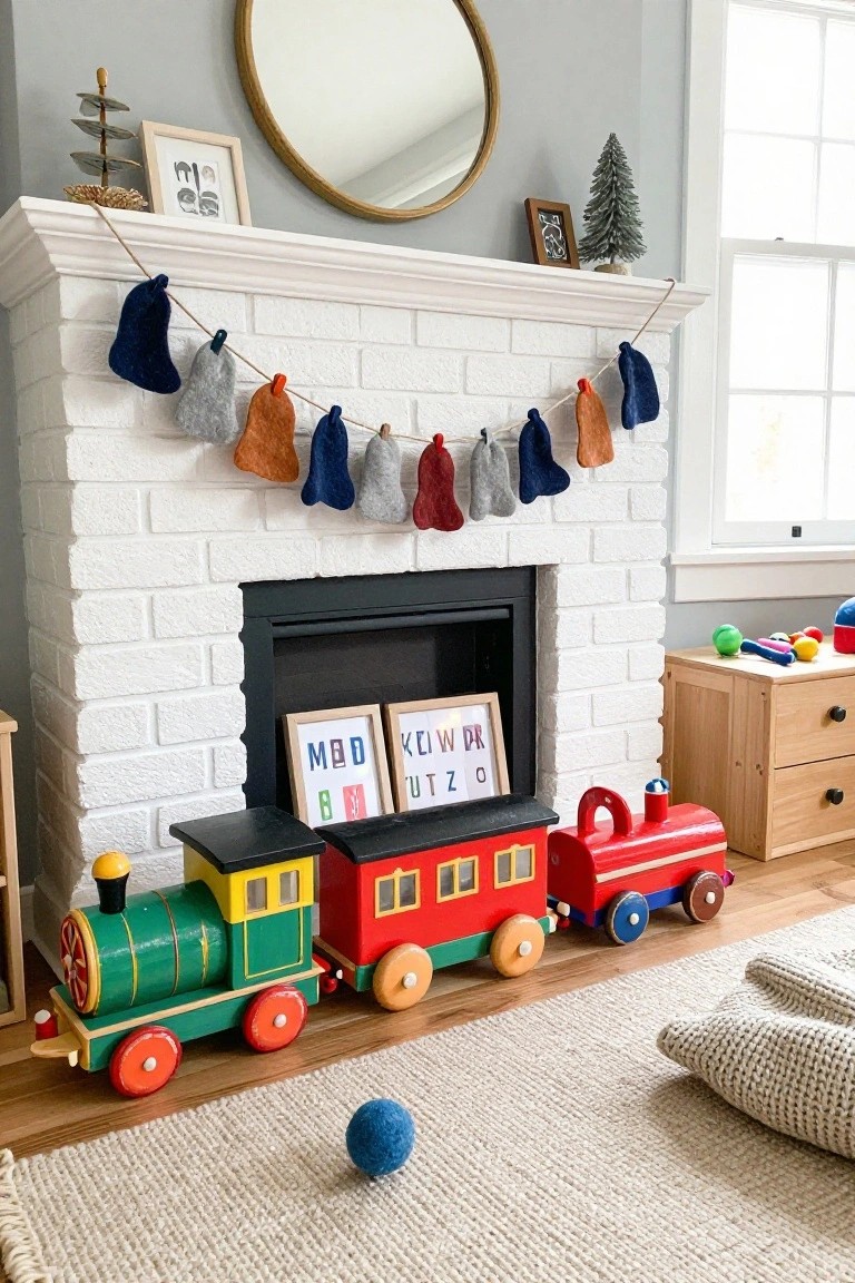 White brick fireplace mantel with a garland of colorful handmade felt stockings in blues, grays, oranges, and reds hanging from twine, wooden toy train on the floor below, and children's toys nearby in a light gray room.