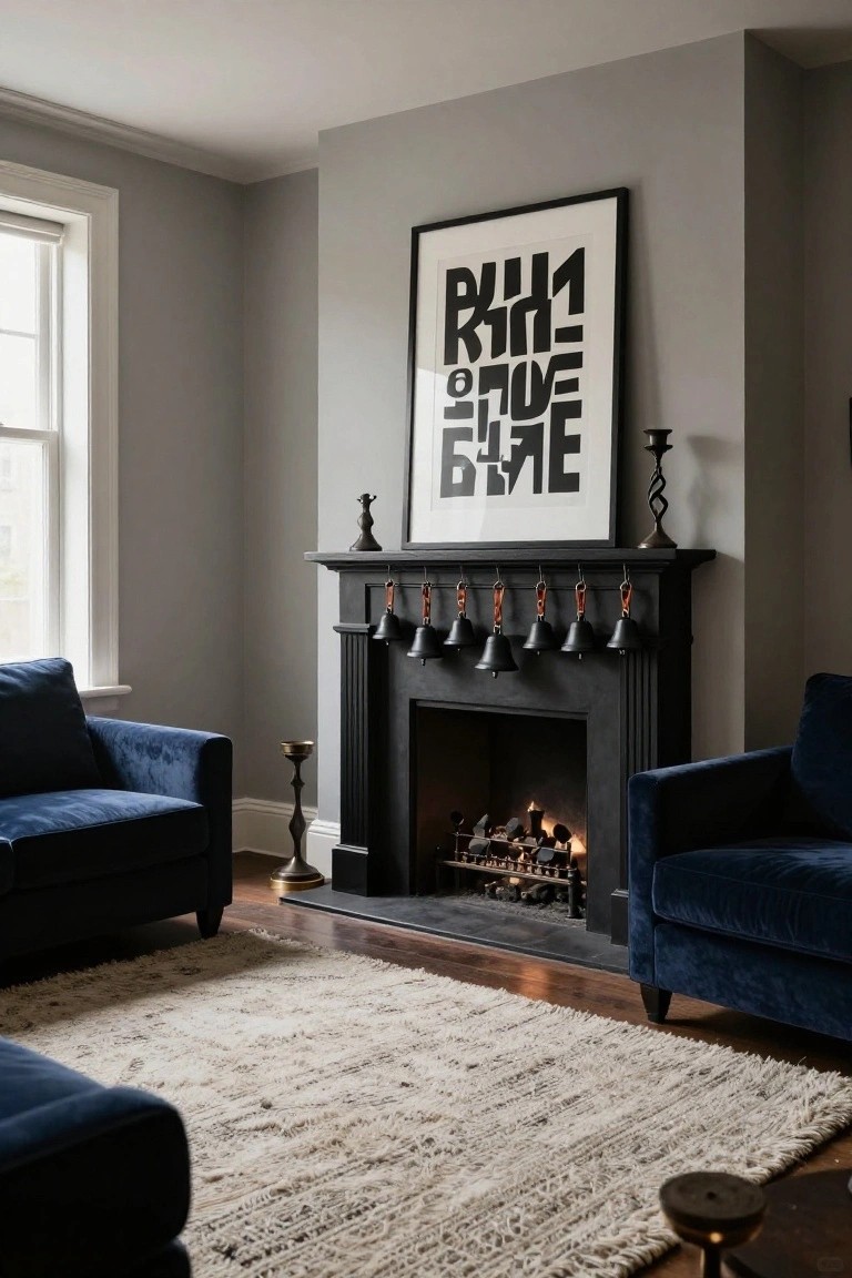 Living room interior with two navy blue velvet sofas facing a black fireplace mantel hung with multiple black bells on orange leather straps, a large black-and-white abstract print on the wall, candlesticks, a cream shag rug, and hardwood floors.