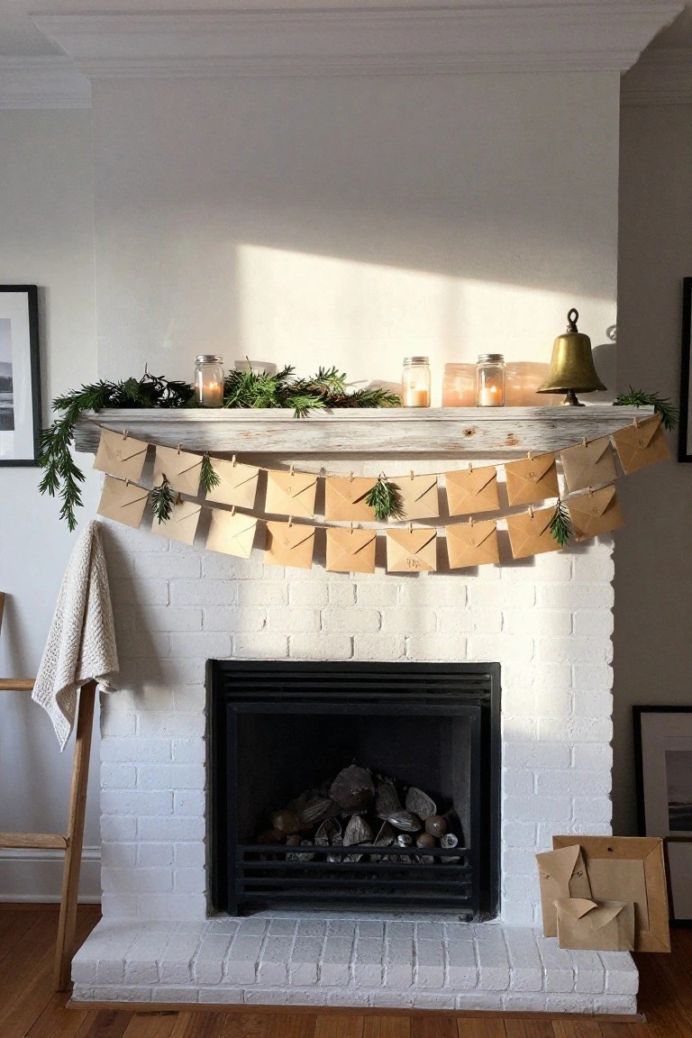 White brick fireplace mantel with a clothesline strung across holding multiple hanging brown paper envelopes and greenery sprigs, plus jars, candles, and a brass bell.