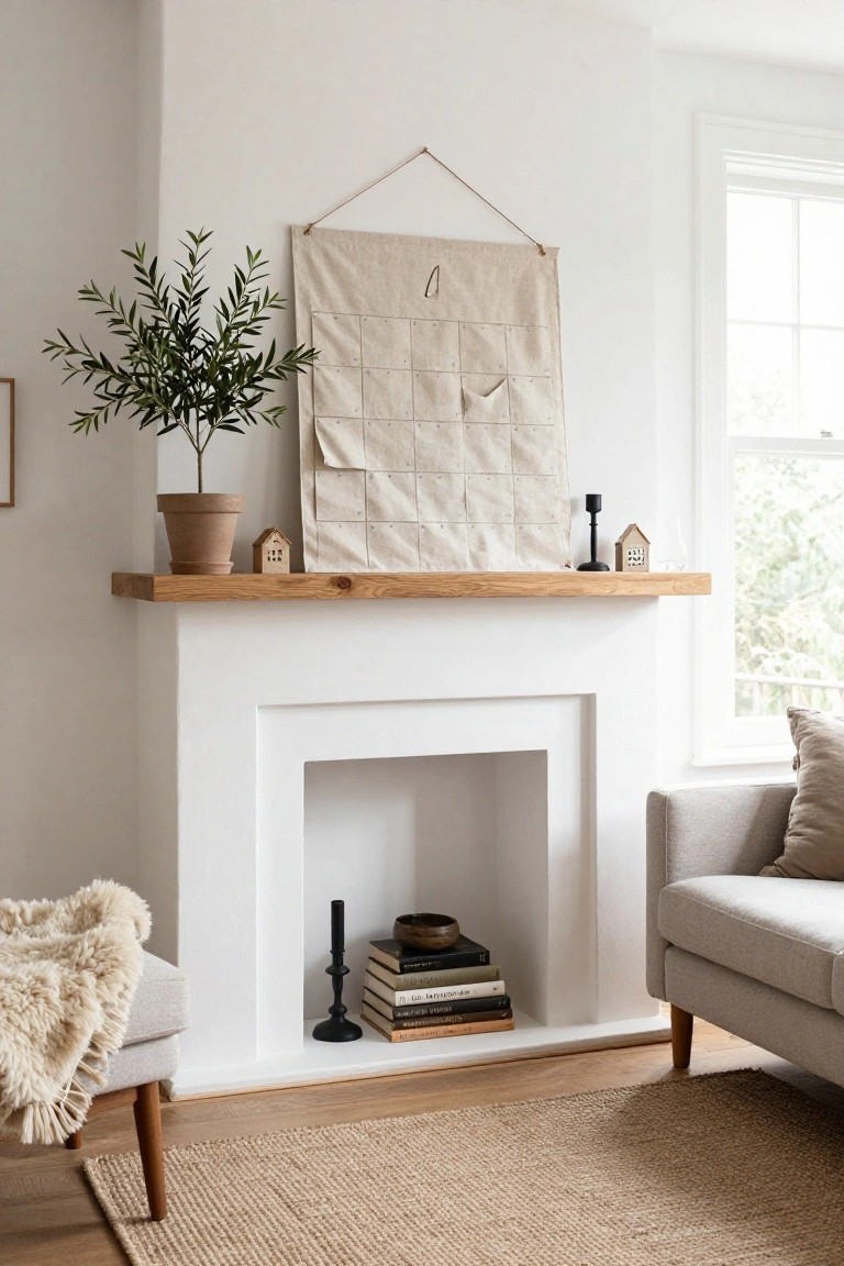 Beige fabric advent calendar with pockets hangs above a white fireplace mantel with oak trim in a light living room, near an olive plant, small wood house, candles, books, gray sofa, and cream ottoman on wood floor with seagrass rug.