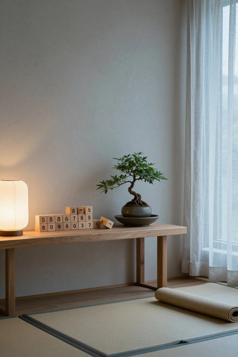 Low wooden bench on tatami mats holding stacked wooden number blocks, a potted bonsai tree, and a paper lantern lamp in a neutral-walled room with sheer curtains.