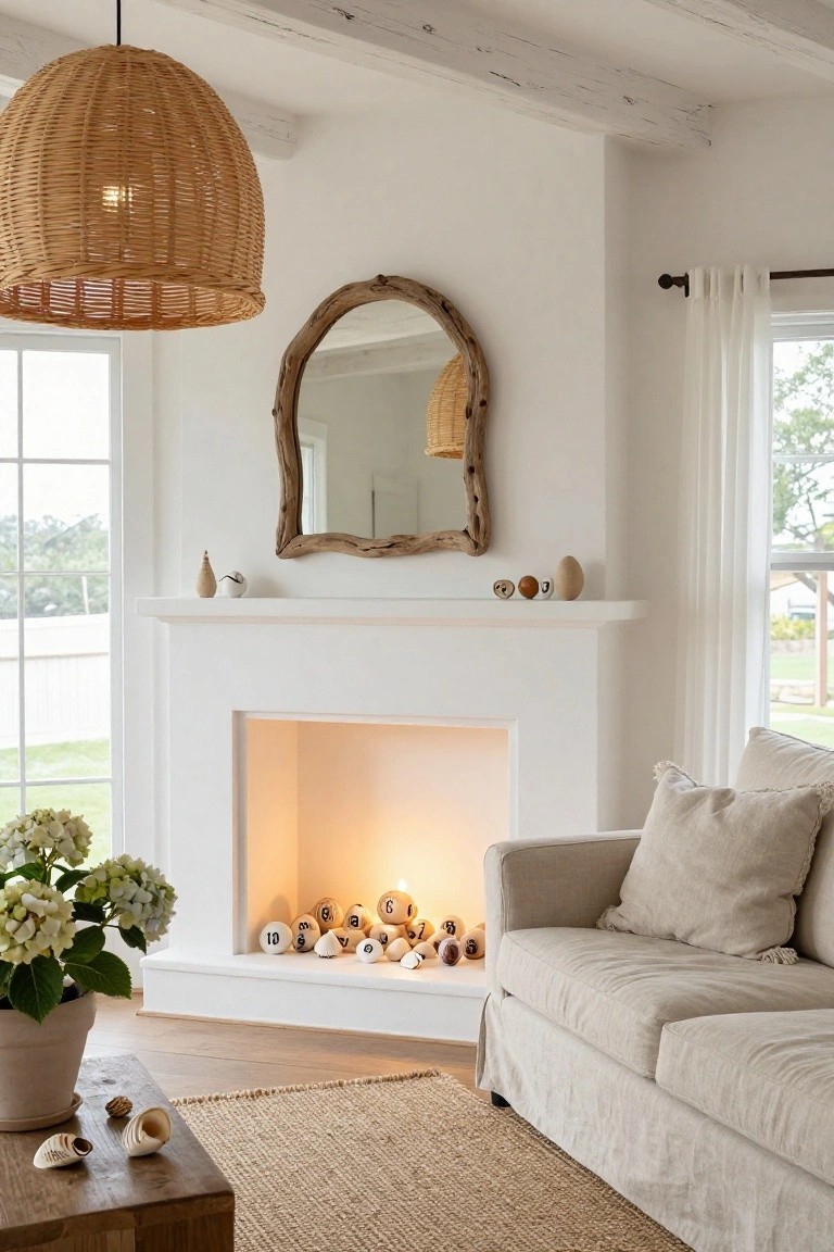 White fireplace with mantle holding small ceramic objects, firebox filled with lit numbered white balls, adjacent beige sofa with pillows, potted white hydrangeas, rattan pendant light, driftwood mirror above mantle, seagrass rug, and wooden table with shells in a bright room with windows.