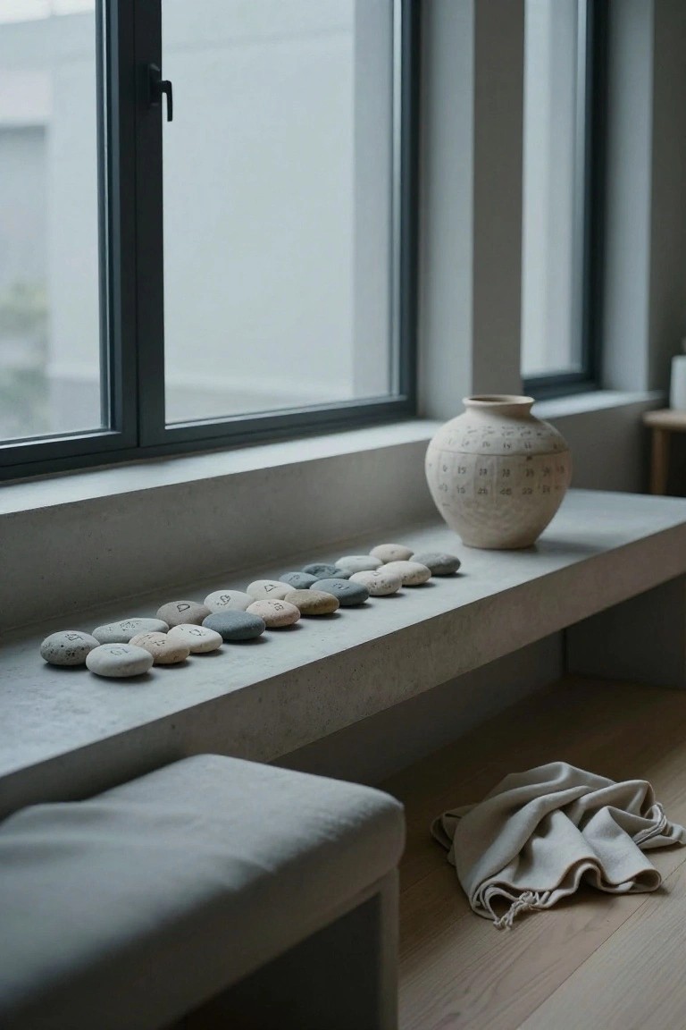 A row of small gray pebbles painted with white numbers arranged on a wide concrete ledge under a large window, next to a tall beige ceramic vase with markings and a light gray cushioned stool on a wood floor.