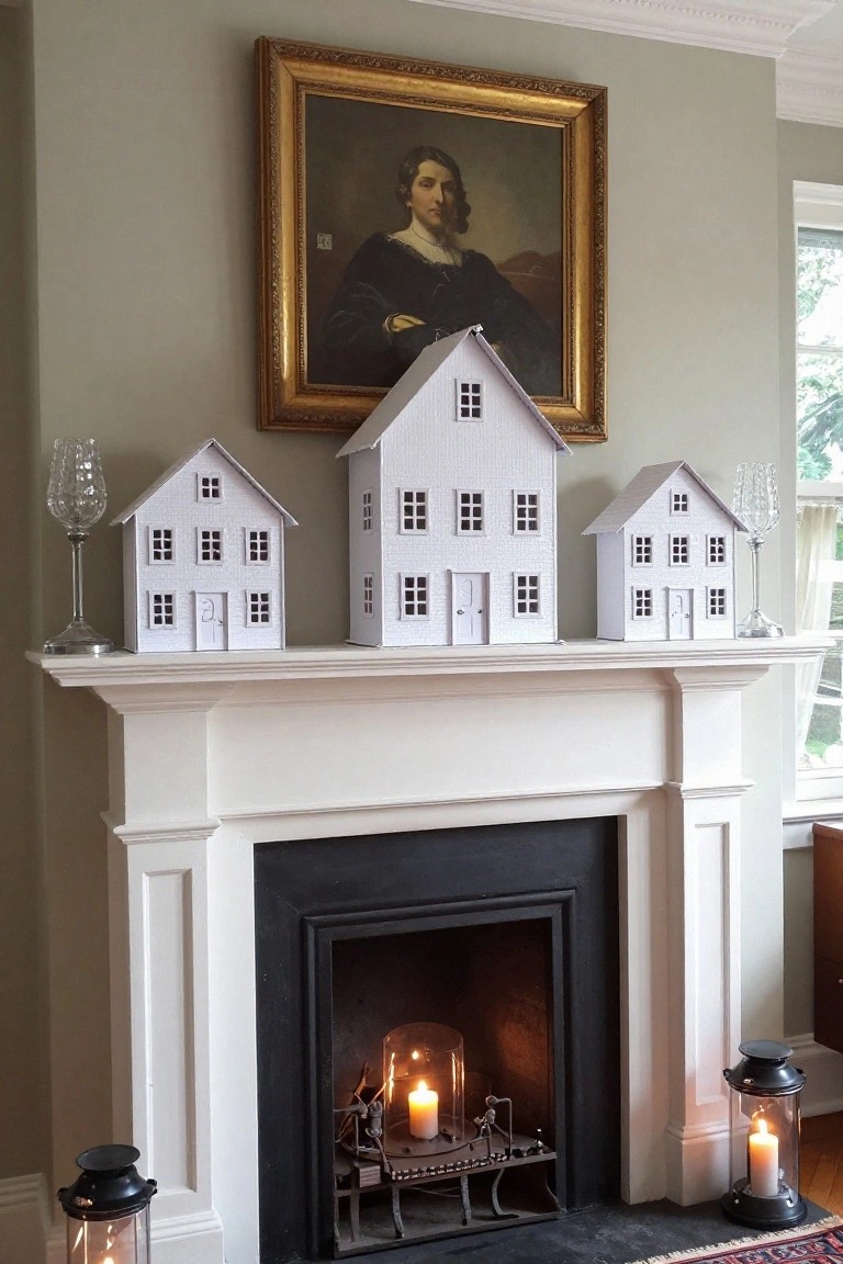 Fireplace mantel displaying three white paper houses centered beneath a gold-framed portrait of a man, with wine glasses on either side, candles in the hearth and flanking lanterns.