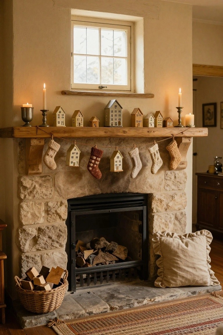 Rustic stone fireplace with wooden beam mantel displaying tiny wooden houses, knit stockings hanging from twine, candles in holders, and a basket of firewood nearby.