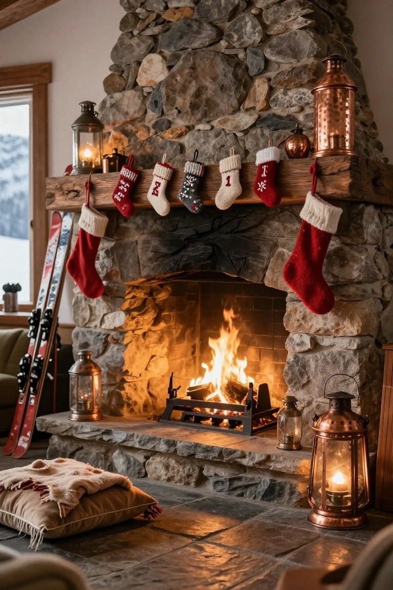 Rustic stone fireplace with wooden beam mantel hung with multiple knitted Christmas stockings in red, white, gray, and patterned designs, flanked by metal lanterns and leaning skis nearby in a cozy room.
