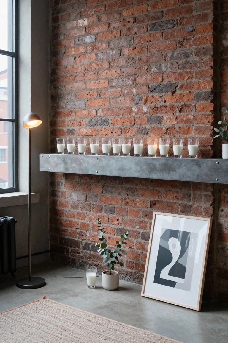 Exposed brick interior wall with a long metal shelf holding eleven glasses filled with milk and one lit candle, a floor lamp, potted eucalyptus plants, and a framed abstract print leaning nearby.