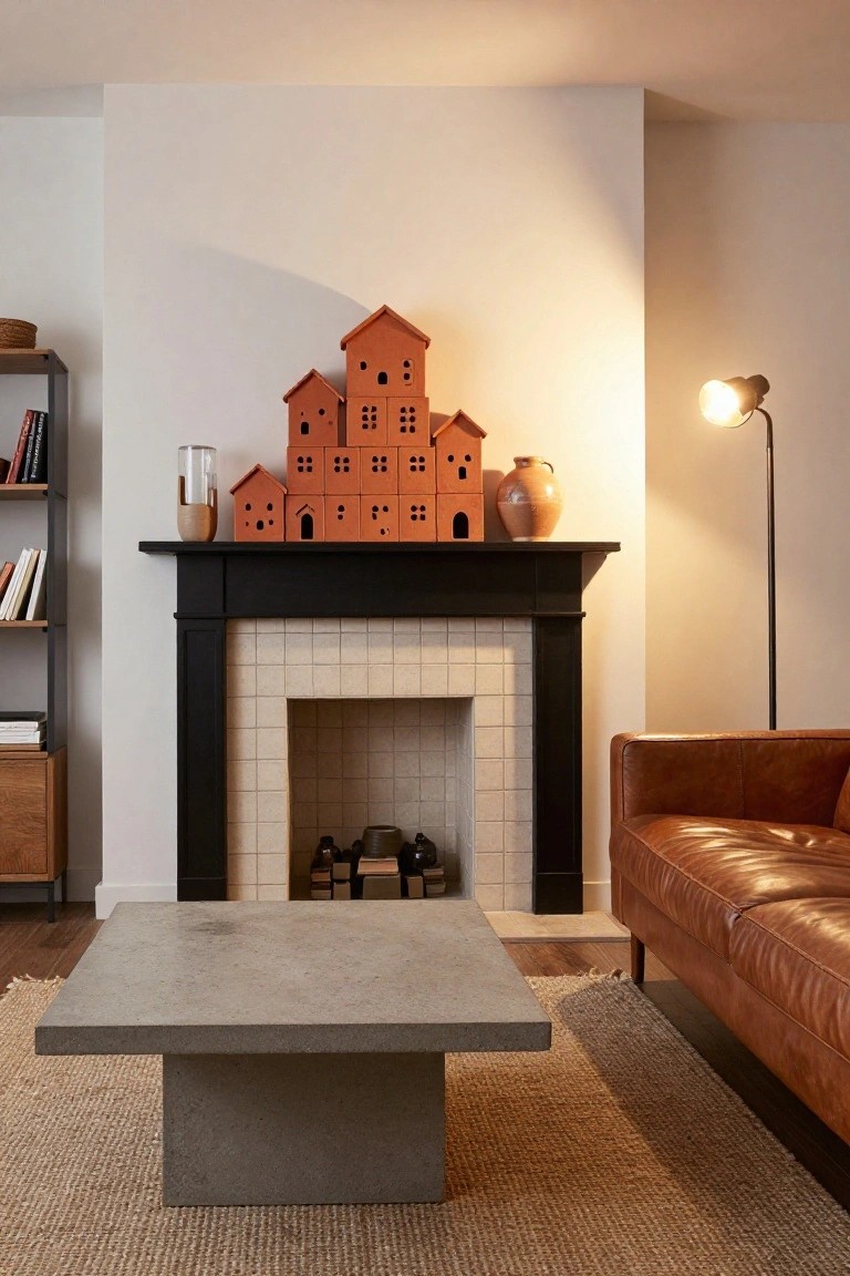 A living room fireplace mantel displaying a tall stack of small orange terracotta house models arranged as an Advent calendar, with glass and ceramic vases on either side, bookshelves nearby, and a tan leather sofa and gray coffee table in the foreground.