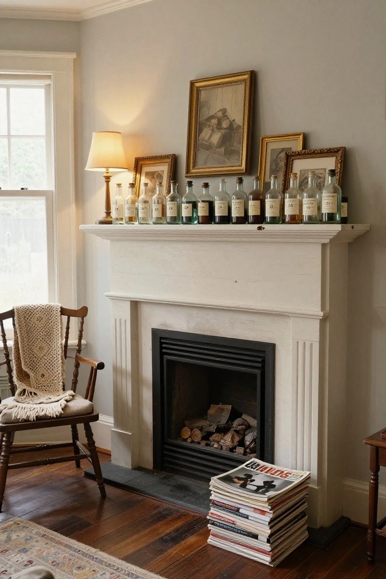 White mantel above a fireplace holds a row of labeled glass apothecary bottles in various colors and sizes, flanked by gold-framed artwork, with a lit lamp nearby, rocking chair with throw blanket, and stack of magazines on the hardwood floor in a pale gray room.