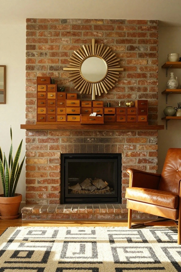 Brick fireplace with wooden mantel holding stacked wooden drawers with brass pulls, gold sunburst mirror mounted above on the brick wall, snake plant to the side, terracotta pot, leather armchair nearby, and geometric rug on wood floor.