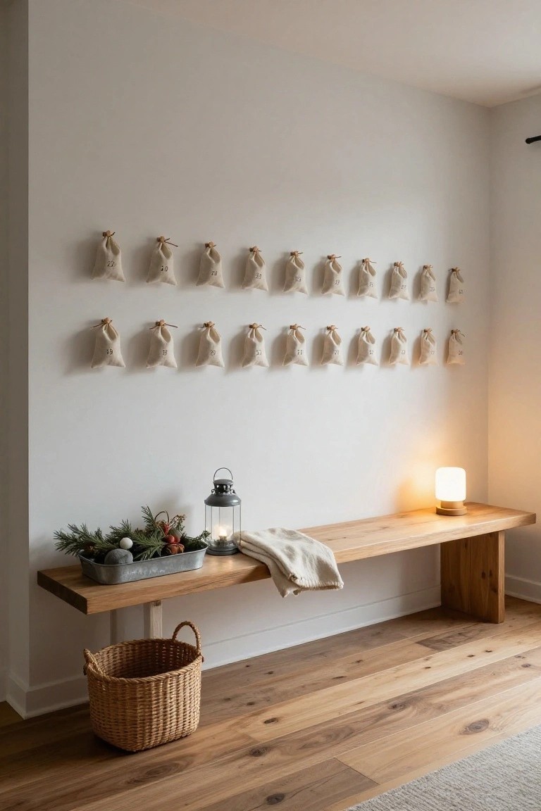 A white wall with twenty-four beige fabric drawstring bags numbered 1 to 24 hanging from wooden knobs in rows, above a wooden bench holding a metal tray of greenery and ornaments, a gray lantern, a white lamp, and a beige throw, with a wicker basket on the wood floor nearby.