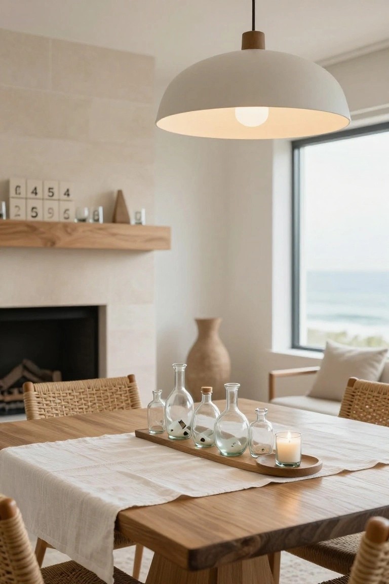 Light wood mantel shelf above a fireplace displaying scattered wooden geometric blocks with numbers like 1 through 9 and letters, wooden dining table below with white runner, glass bottles filled with sand, candle, rattan chairs, large window with ocean view.