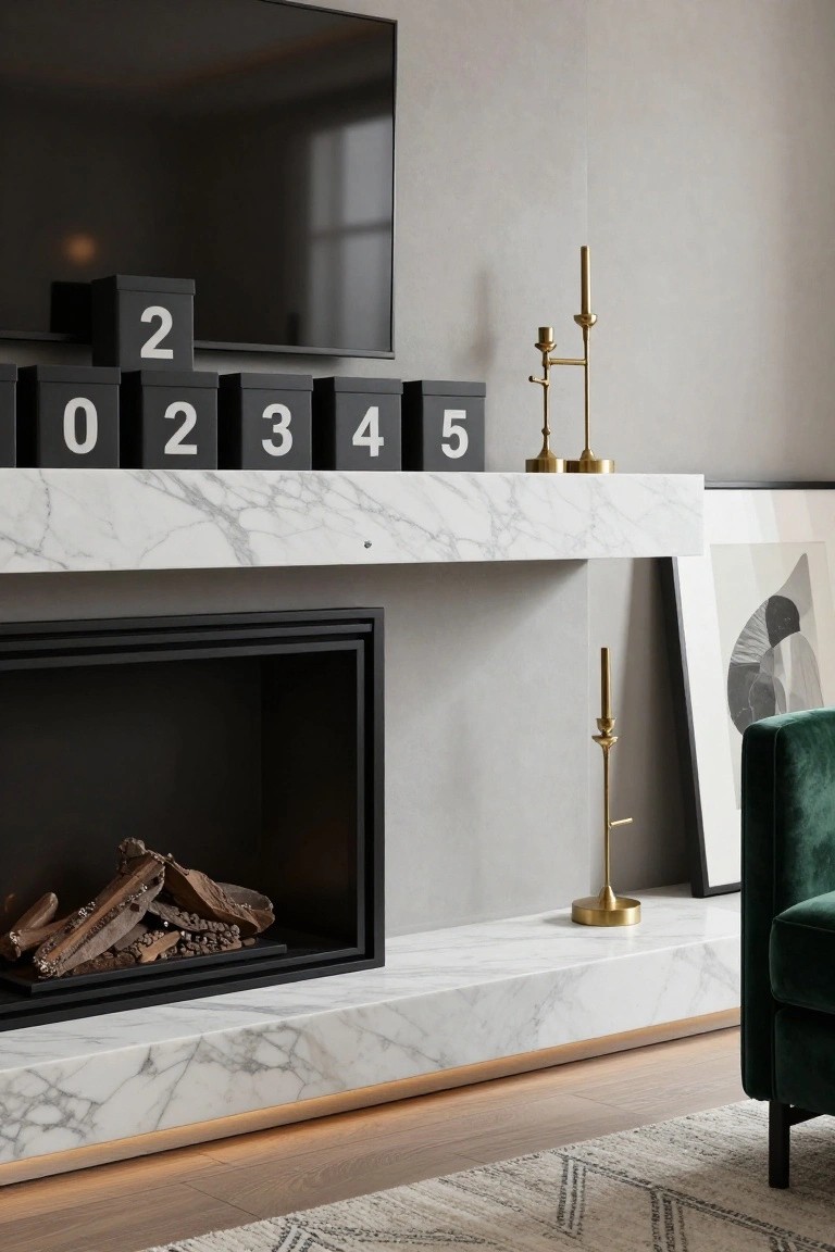 Modern fireplace mantel with black wooden number blocks displaying 0, 2, 3, 4, 5, gold candlesticks nearby, mounted TV above, marble shelf, and velvet green chair in corner.