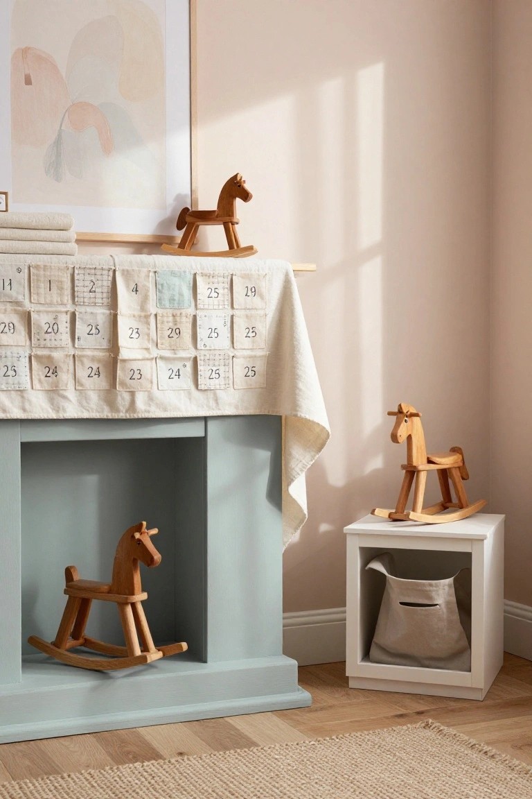 A living room fireplace with a white fabric advent calendar draped over the mantel showing numbered pockets, wooden rocking horses placed on the mantel, inside the fireplace, and on a white side table next to draped linens, pink walls, and beige rug.