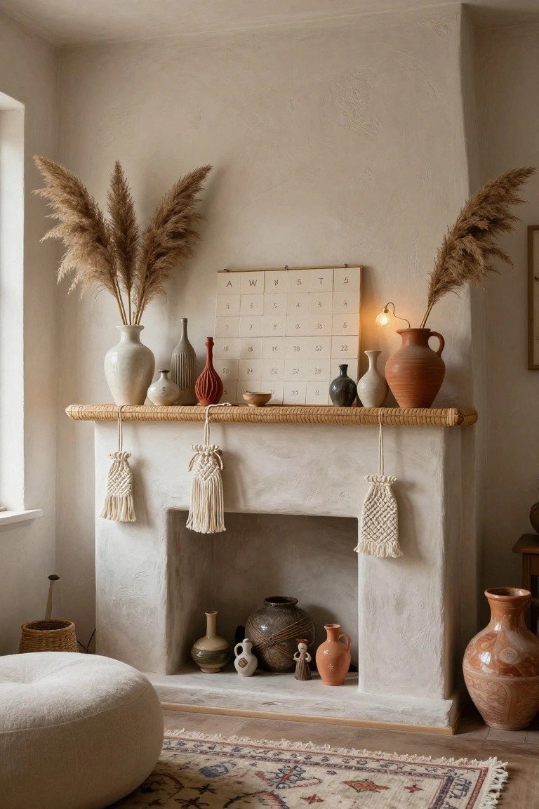 Beige interior room featuring a rattan-shelved mantel above a fireplace with an advent calendar, assorted white and terracotta pottery vases, pampas grass arrangements, macrame hangings, and a white pouf on a patterned rug.