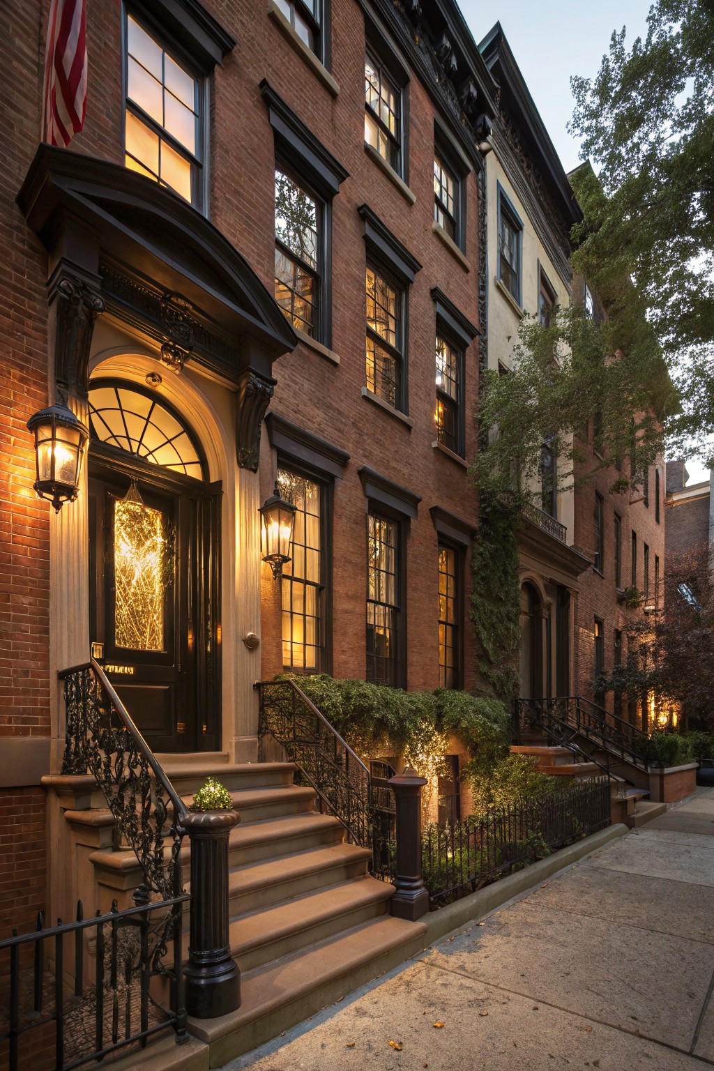 Brown brick townhouse exterior at dusk with black front door, fanlight window, wrought iron steps and railing, lanterns, potted plants, and lit windows.
