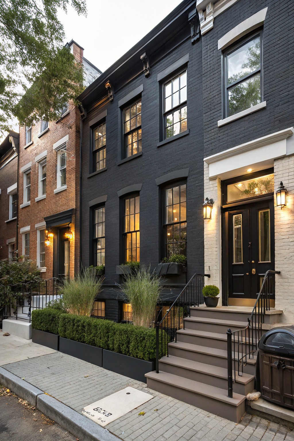 Row of three brick townhouses on a city sidewalk, center one painted matte black with tall narrow windows, black front door, concrete steps, iron railing, and low green hedges in front.