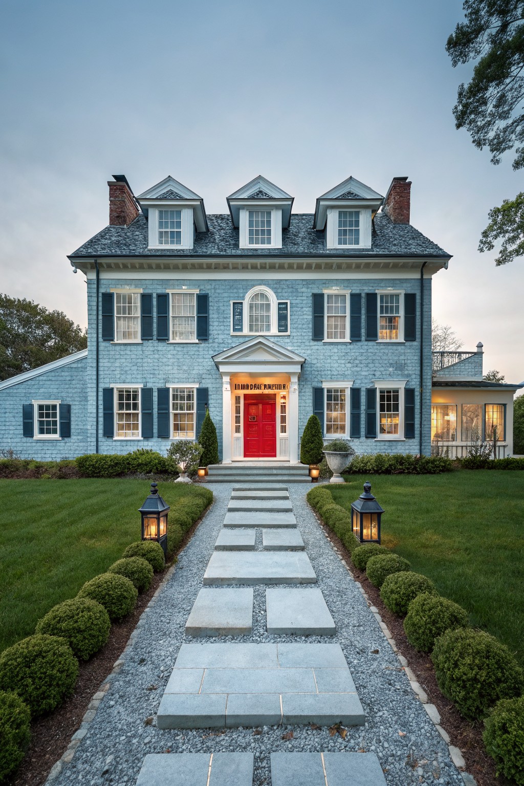 A two-story blue painted brick house with gabled roof, white trim, red front door, stone steps, bluestone pathway lined with lanterns and boxwood shrubs on a grassy lawn.