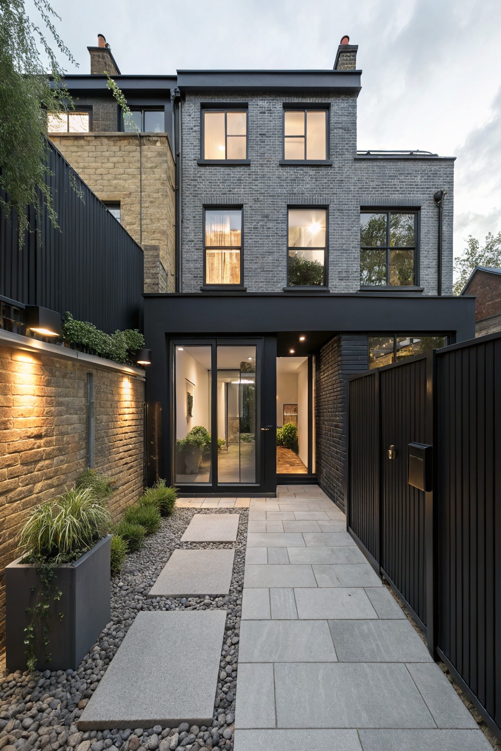 Rear exterior of a two-story terraced house with yellow brick base, dark brick and black cladding extension, glass entry doors, paved pathway with gravel and stepping stones, plants in pots, and black metal fencing.