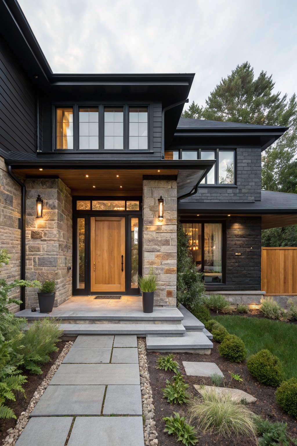 Front exterior of a modern two-story house with black horizontal siding and dark brick accents, stone pillars flanking a large wooden entry door with glass panels, concrete steps, lit lanterns, a stone pathway, and low plantings along the edges.