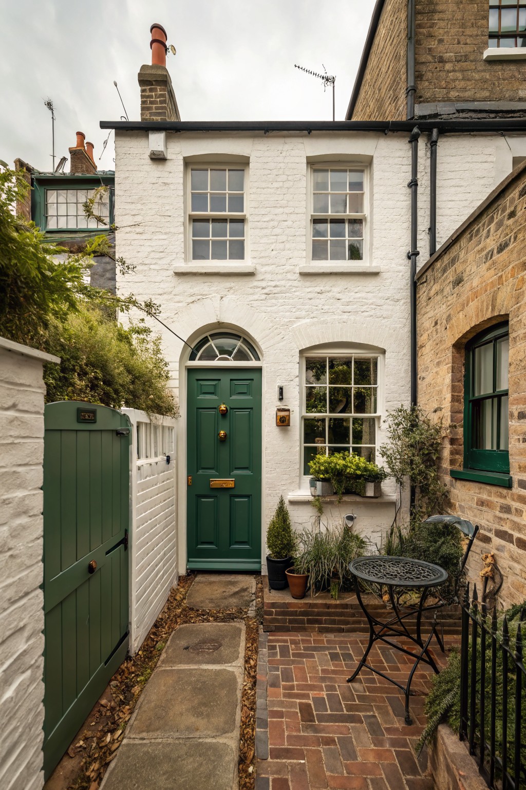 White painted brick terraced house with arched green front door, matching green gate, plants in window boxes, small brick patio with bistro table and potted greenery.