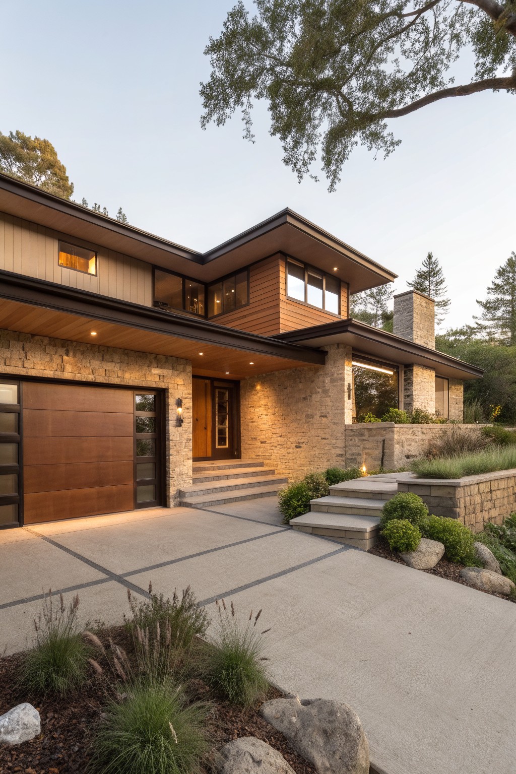 Contemporary house exterior with light brick lower walls, vertical wood siding on upper levels, glass-paneled wooden garage door, entry door with steps, and low plantings on a concrete driveway at dusk.