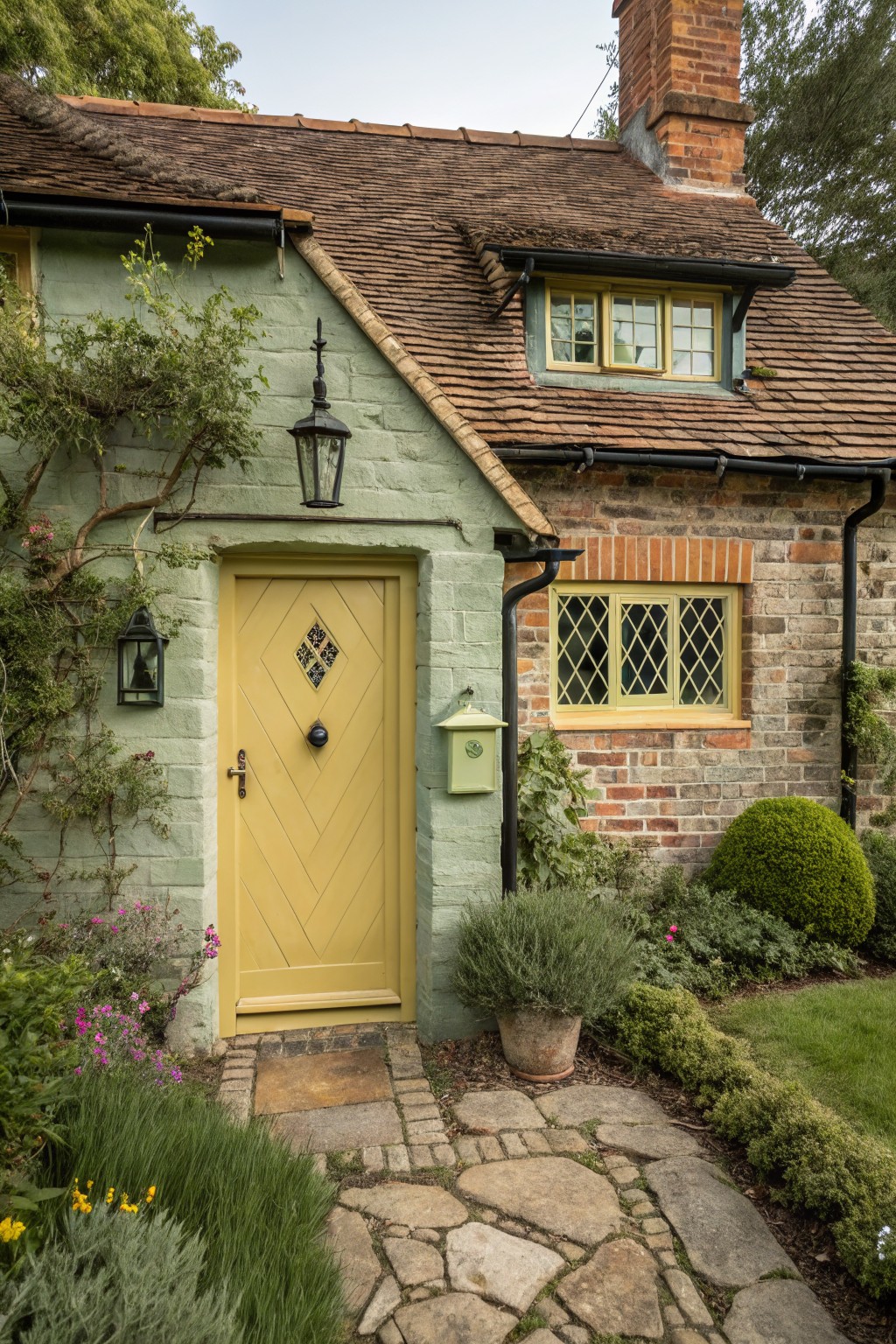 Small cottage exterior with pale green painted brick walls, yellow front door featuring diamond-patterned glass panel and black knocker, flanked by black lanterns, leaded glass windows, brick chimney, and surrounding garden plantings along a stone path.