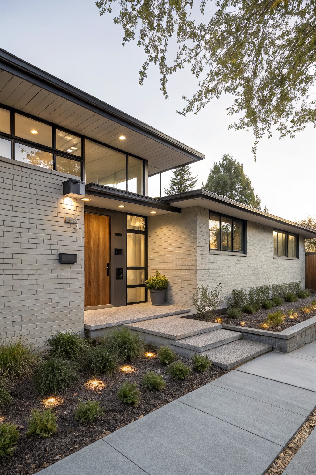 Single-story modern house exterior featuring light gray painted brick walls, black metal window frames and door surround, wooden front door under a cantilevered dark roofline, with steps, low landscaping, and path lighting at dusk.