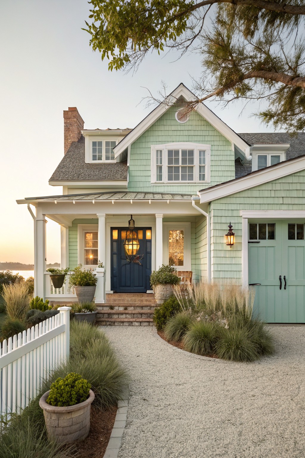 Light green shingle-sided two-story house with white trim, covered front porch, dark blue door, attached teal garage doors, brick chimney, gravel driveway, white picket fence, potted plants, ornamental grasses, and trees at sunset by the water.