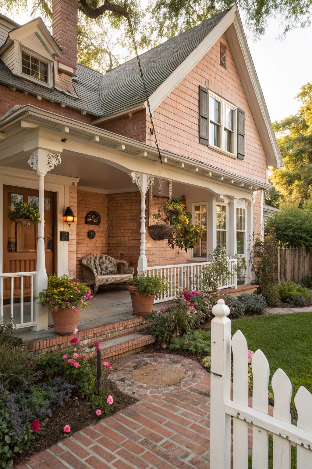 Light pink painted shingle siding on a two-story house with gabled roof, brick chimney and porch details, ornate white porch columns, wicker bench, hanging plants, potted flowers, brick path, garden beds, and white picket fence in front yard.