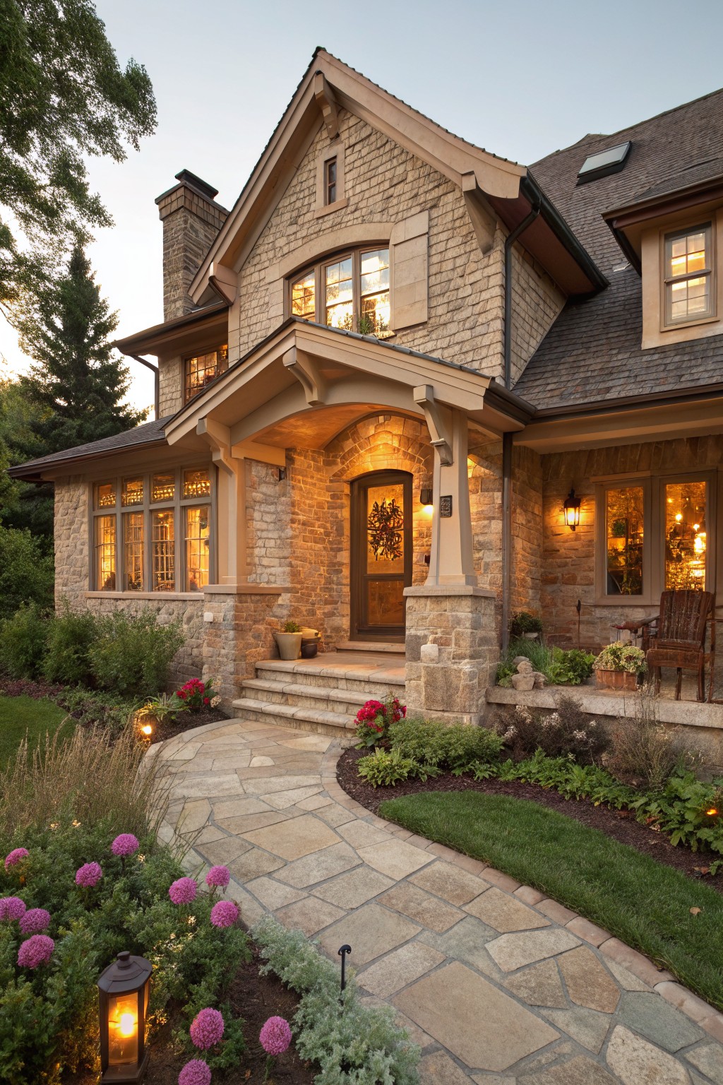 Two-story house with light beige stone exterior, gabled wooden porch over the front door with stone steps, curved flagstone pathway, flower beds, and lanterns at dusk.