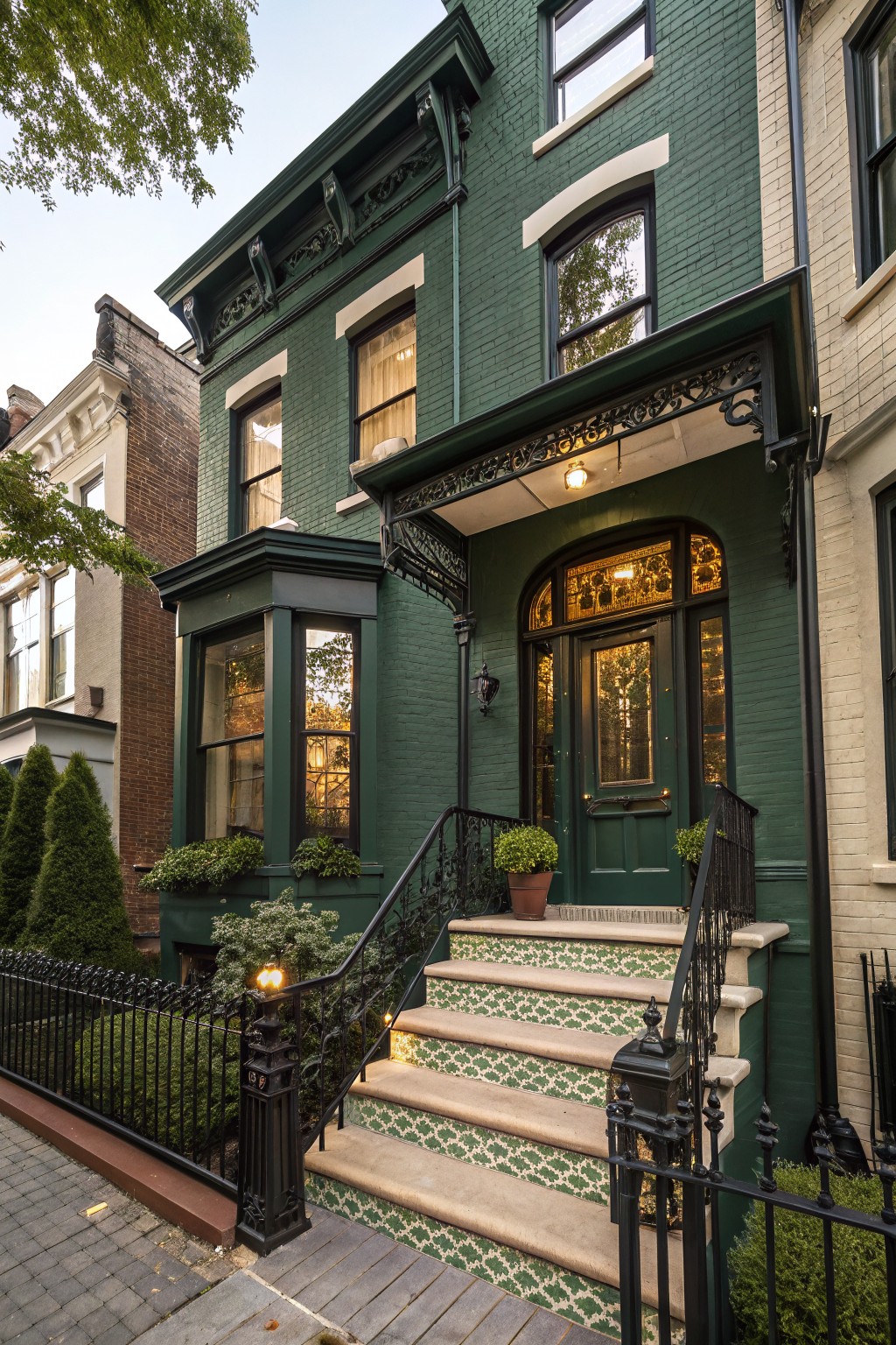 Dark green painted brick three-story rowhouse with bay window, arched stained glass transom over green front door, black wrought iron porch railing and fence, green and beige patterned tile steps, potted plants, and neighboring buildings.