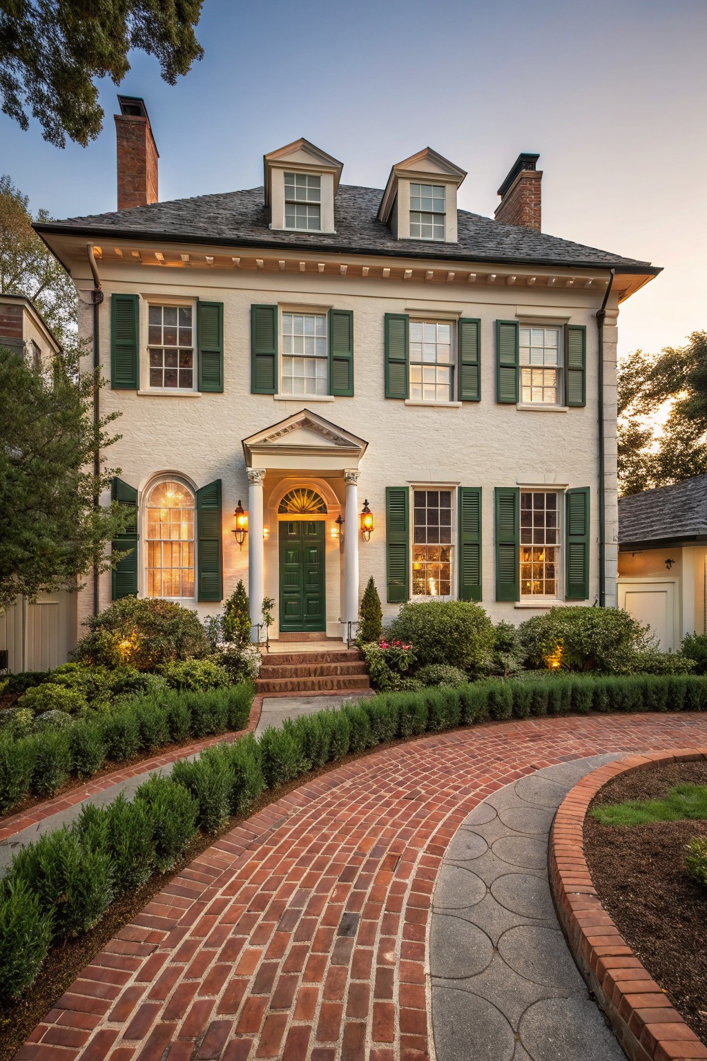 Two-story cream-painted brick house with dark green shutters, multipaned windows, pedimented front porch with columns and green door, flanked by boxwood hedges and a curved brick pathway.