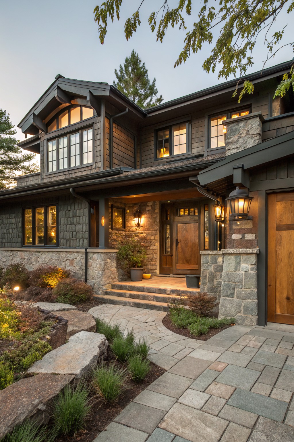 Front exterior of a two-story shingle-style house with dark gray siding, light stone foundation and pillars, wood entry door and garage door, bluestone pathway, and low plantings in boulder-edged beds.