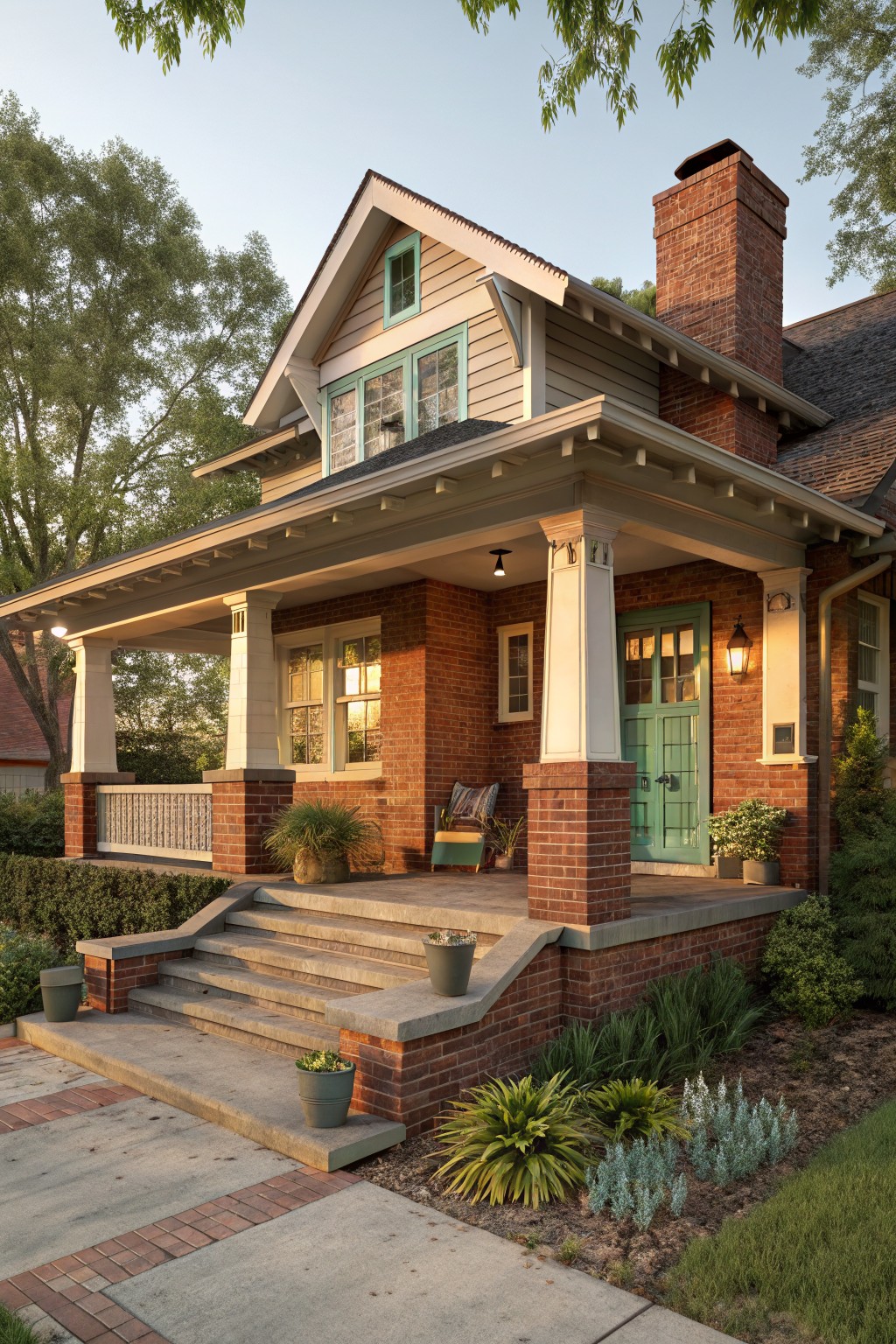 Front exterior of a Craftsman-style house with light painted brick piers and lower walls, beige wood siding, covered porch supported by square columns, double teal green doors, lanterns, potted plants, and low landscaping along the brick walkway.