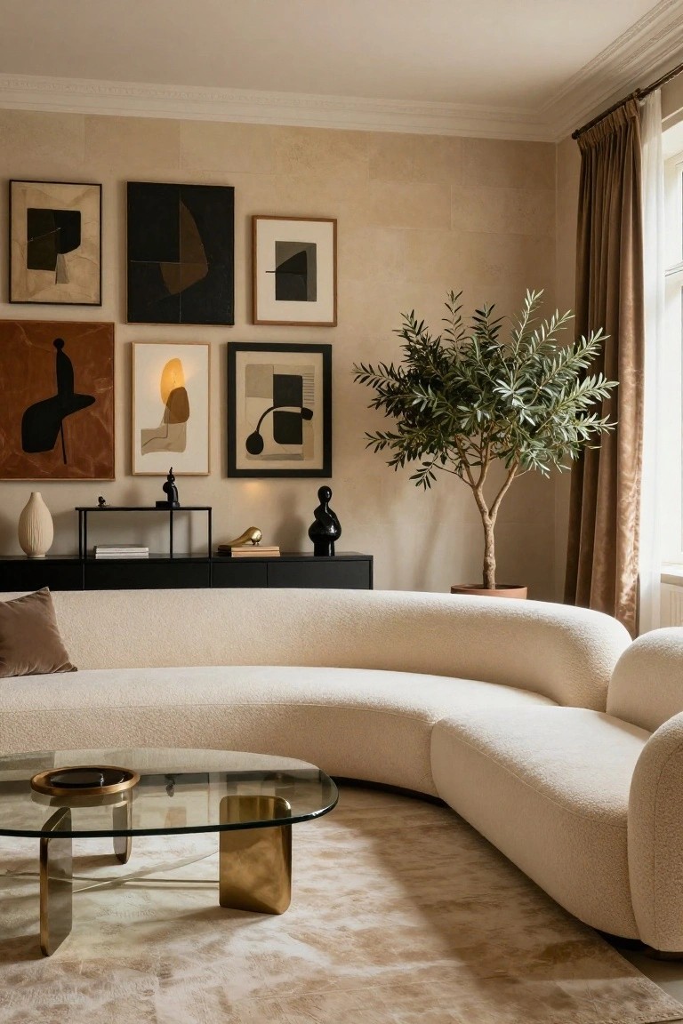 Living room with light beige walls displaying a gallery of five abstract black, white, and ochre framed artworks, curved cream bouclé sofa, glass-topped brass coffee table, black shelving unit with sculptures and books, olive tree in terracotta pot, and beige rug.