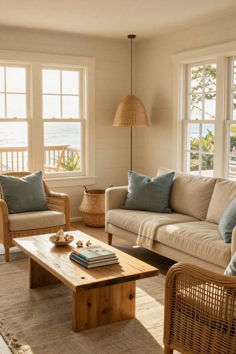 Living room with light beige shiplap walls, cream sofa with teal pillows, rattan chairs, wooden coffee table holding shells and books, seagrass rug, and large windows overlooking ocean and deck.