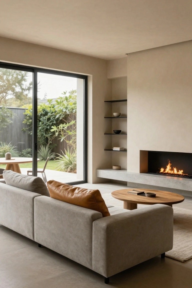 Modern living room featuring light beige walls, a light gray sofa with orange cushions, round wooden coffee table, built-in linear fireplace, floating black shelves, and large sliding glass doors overlooking a garden patio with plants and furniture.