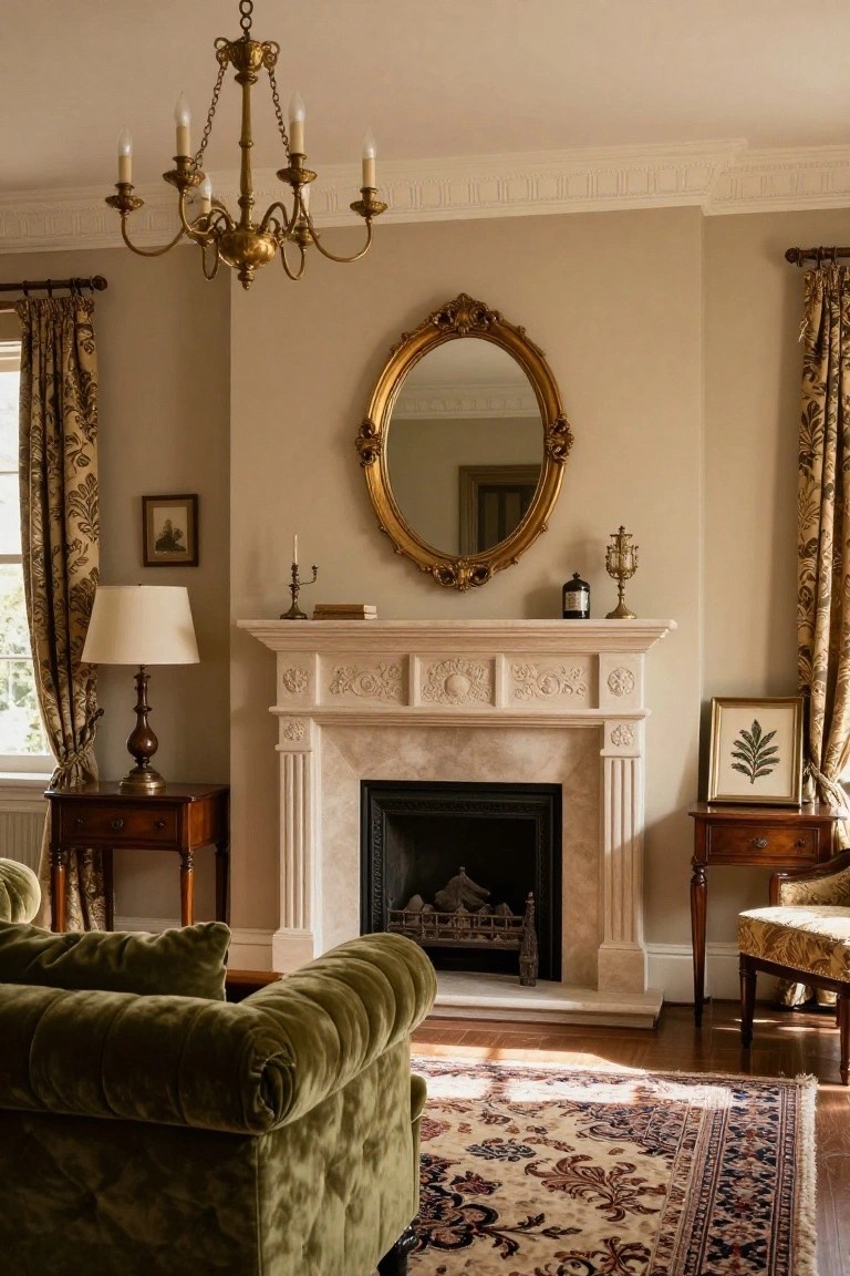 A traditional living room with light beige walls, ornate marble fireplace, large gold-framed oval mirror above the mantel, brass chandelier, green velvet tufted sofa, wooden side tables, and patterned rug on hardwood floor.